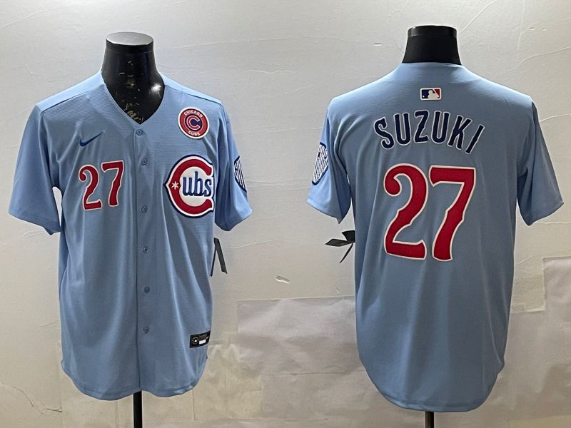 Men Chicago Cubs #27 Suzuki Light Blue Throwback 2025 Nike MLB Jersey style 3